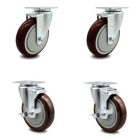 Service Caster 5 Inch Maroon Polyurethane Wheel Swivel Top Plate Caster Set with 2 Brakes SCC SCC-20S514-PPUB-MRN-2-TLB-2